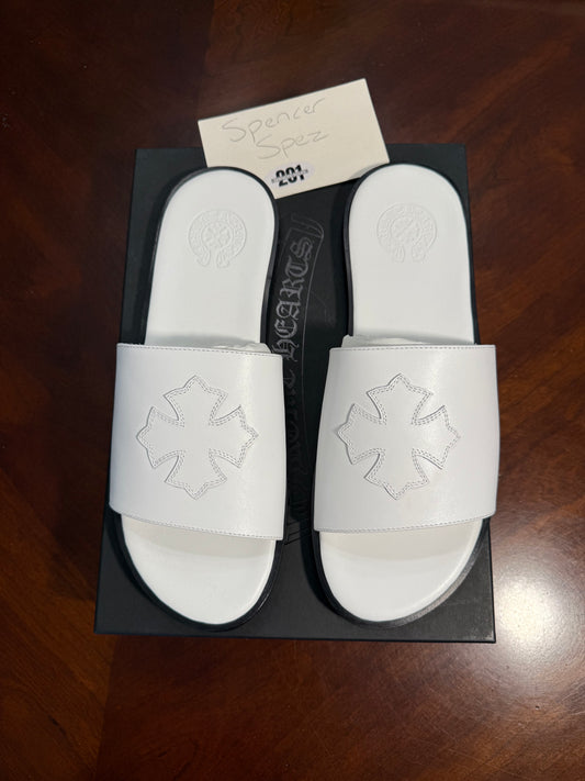 Chrome Hearts White Leather Cross Patch Slides